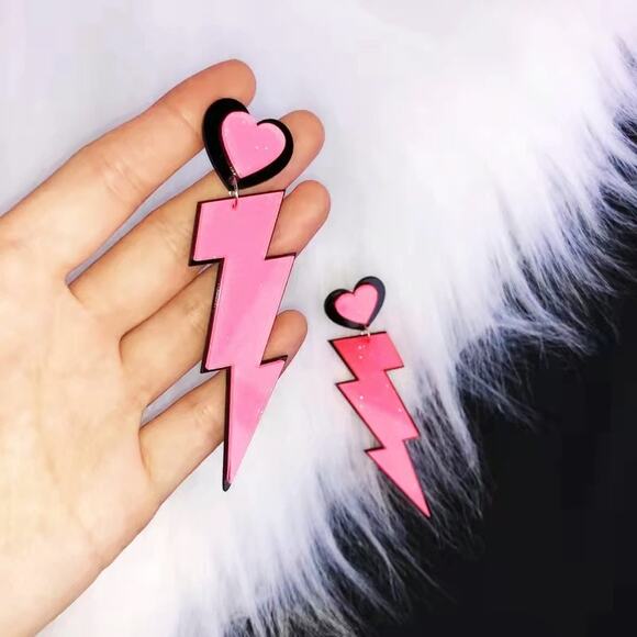 Pink & Black Lightning Bolt Acrylic Earrings with Heart Top - Picture 9 of 9